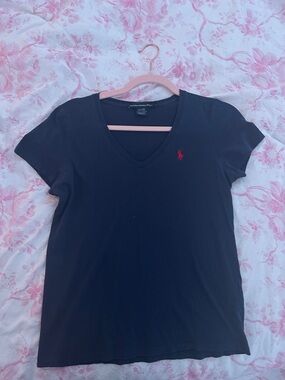 Ralph Lauren Navy V-Neck Tee with Red Pony Logo